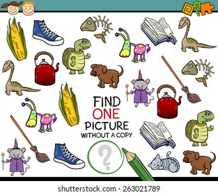 Cartoon Vector Illustration of Finding Single Picture without a Pair Educational Game for Preschool Children