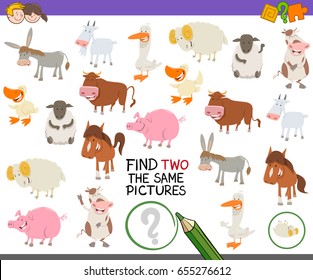 Cartoon Vector Illustration of Finding Two Exactly the Same Pictures Educational Activity for Children with Farm Animal Characters