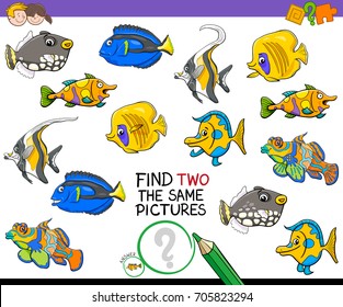 Cartoon Vector Illustration of Finding Two Identical Pictures Educational Activity Game for Children with Fish