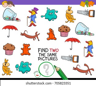 Cartoon Vector Illustration of Finding Two The Same Pictures Educational Activity Game for Preschool Children