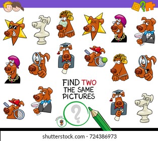 Cartoon Vector Illustration of Finding Two Identical Pictures Educational Activity Game for Children with Dog Characters