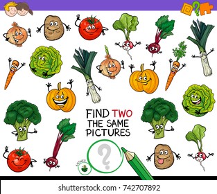 Cartoon Vector Illustration of Finding Two Identical Pictures Educational Game for Children with Vegetable Characters