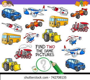 Cartoon Vector Illustration of Finding Two Identical Pictures Educational Game for Children with Transport Vehicle Characters