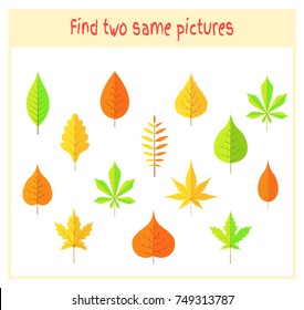 Cartoon Vector Illustration of Finding Two Exactly the Same Pictures Educational Activity for Preschool Children with leaves of the tree
