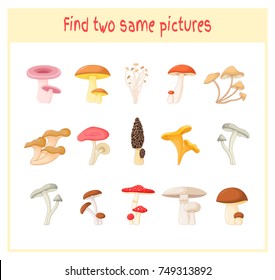 Cartoon Vector Illustration of Finding Two Exactly the Same Pictures Educational Activity for Preschool Children with mushrooms