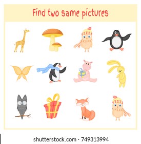 Cartoon Vector Illustration of Finding Two Exactly the Same Pictures Educational Activity for Preschool Children with animals owl, hippo, Fox, giraffe, penguin, butterfly, mushroom, gift