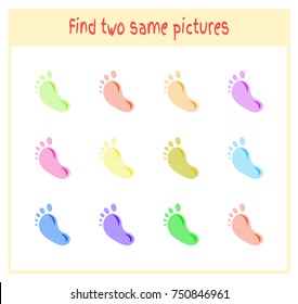 Cartoon Vector Illustration of Finding Two Exactly the Same Pictures Educational Activity for Preschool Children with footprint.