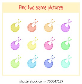 Cartoon Vector Illustration of Finding Two Exactly the Same Pictures Educational Activity for Preschool Children with baby bibs.