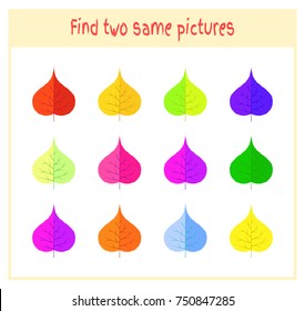 Cartoon Vector Illustration of Finding Two Exactly the Same Pictures Educational Activity for Preschool Children with leaves of the tree.