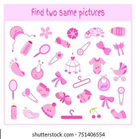 Cartoon Vector Illustration of Finding Two Exactly the Same Pictures Educational Activity for Preschool Children with items for children and babies.