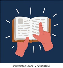 Ilustración vectorial de dibujos animados de texto señalando con el dedo en una biblia. Hombre leyendo libro sobre fondo oscuro