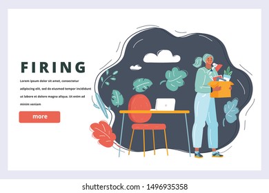 Cartoon vector illustration of fired woman employee in office on dark background. Horizontal banner with character.