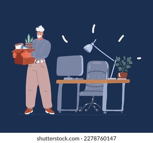 Cartoon vector illustration of fires office worker. Sad man standing at workplace, dismissal. Staff reduction. Unemployment, bankruptcy. Manager dismissed from job over dark background