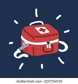 Cartoon vector illustration of First aid kit box medical equipment and medications for emergency over dark backround