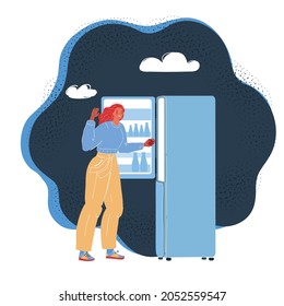 Cartoon vector illustration of The first day of a fruit diet. Woman use refrigerator on dark