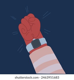 Cartoon vector illustration of Fist clenched symbol. Power, strength fist over dark backround