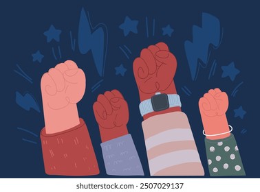 Cartoon vector illustration of Fist clenched symbol. Power, strength over dark background