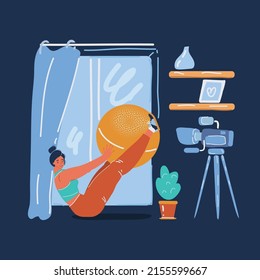 Cartoon vector illustration of Fitness blogger on recording online video classes of sports exercises over dark backround.