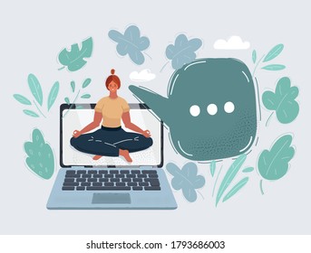 Cartoon vector illustration of Fitness woman exercising watching fitness videos on laptop.