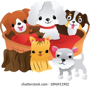 A cartoon vector illustration of five cute puppies around a pet bed.