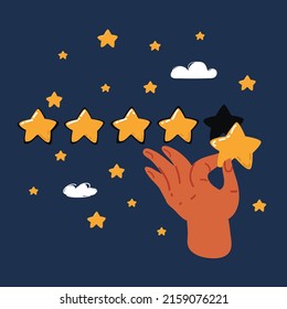 Dibujo vectorial de dibujos animados de cinco estrellas doradas sobre un fondo oscuro.