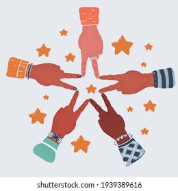 Cartoon vector illustration of Five human hands get together in stars shape on dark background.