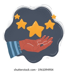 Ilustración vectorial de dibujos animados de la clasificación de cinco estrellas en mano humana sobre fondo oscuro.