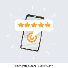 Cartoon vector illustration of with five stars rating on the screen on dark background.