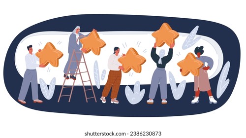 Cartoon vector illustration of Five stars rating. People are holding stars over the heads. Feedback consumer. Happy people are holding review stars over their heads. over dark background