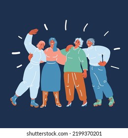 Cartoon vector illustration of Five women of different stand side by side together. Strong and brave girls support each other, feminist movement. Sisterhood and females friendship over dark backround