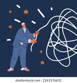 Cartoon vector illustration of Fixing a problem concept by untangling a knot with a closeup view of hands of a man unravelling a badly knotted piece of string over dark background