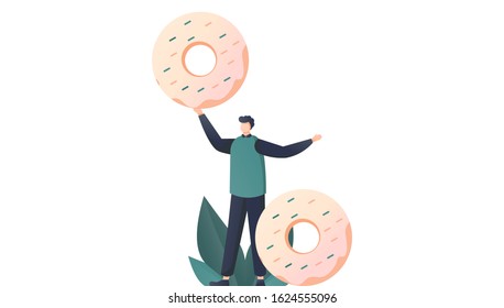 Cartoon Vector Illustration Flat, the best donut concept, illustration of people holding a sweet donut. Can be used for, landing pages, templates, UI, web.