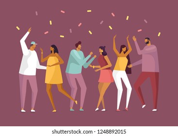 Cartoon vector illustration in flat design. Set of people having fun at a night party, dancing, celebrate. Young men and women.  