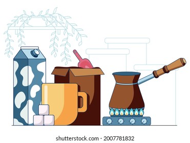 Cartoon vector illustration in a flat style of coffee cezve on gas stove. Illustration of morning routine of making coffee with sugar and milk. Vector illustration