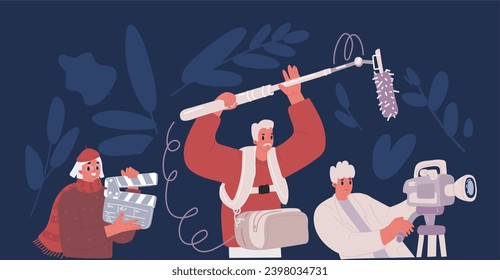 Cartoon vector illustration of Flat young men with beard and movies shooting equipment. Concept businessman characters with camera, microphone, spotlight, employee relationship over dark backround