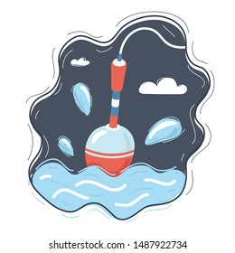 Cartoon vector illustration of floats with hooks on water, waves, fishing, leisure. Dark background.