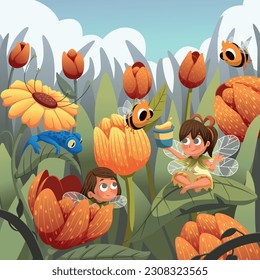 cartoon vector illustration of flower fairies activities in spring