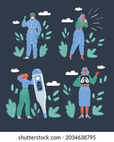 Ilustración vectorial de dibujos animados de los síntomas de la gripe en la mujer. Conjuntos de caracteres. Médico con máscara, tos, radiografía pulmonar, mujer con fiebre con termómetro.