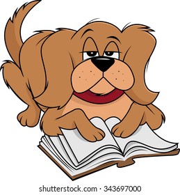 cartoon vector illustration of a fluffy dog reading