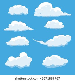 Cartoon vector illustration of fluffy white clouds set on blue sky background