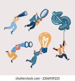 Cartoon vector illustration of fly floating people in search of money and idea startup. Search for new business opportunity, idea or inspiration, business visionary, challenge or achievement concept.