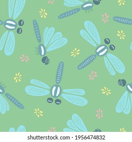 cartoon vector illustration of flying dragonfly and flowers on a green background. seamless pattern for print, textile, fabric, childrens design