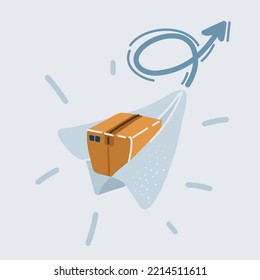 Cartoon vector illustration of flying paper plane with cargo parcel
