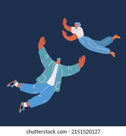 Cartoon vector illustration of flying people over dark backround.