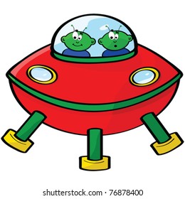 Cartoon vector illustration of a flying sauce with two green aliens