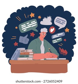 Cartoon, Vektorgrafik von Focused millennial studium or working with his education over dark background