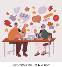 Cartoon vector illustration of Focused video call conversation. Skilled bloggers together streaming stories online in social network, female mentor sharing knowledge.