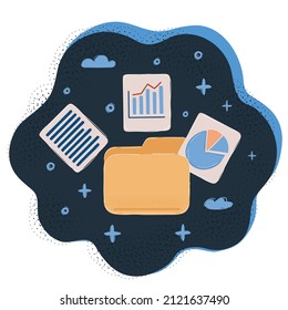 Cartoon vector illustration of Folder and files on dark background.