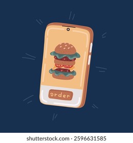 Cartoon vector illustration of Food delivery concept. Ordering food in a smartphone. Burger and phone over dark backround