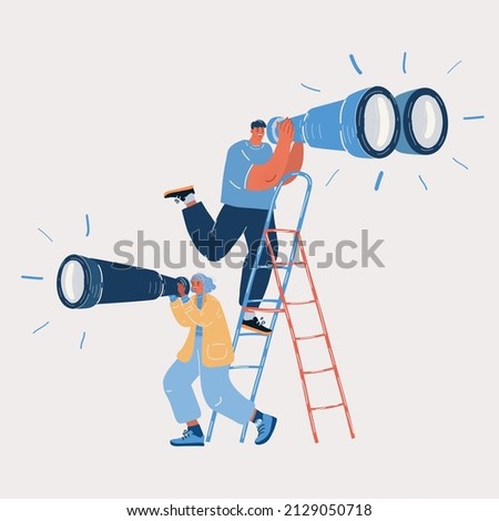 Cartoon vector illustration of forecast look into future Businessman looking into big binocular, woman looking into spyglass